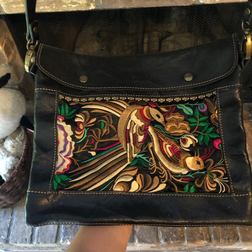 Leather and embroidered crossbody handmade